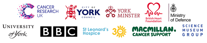 Logos of organisations YorMed has worked with: Cancer Research UK, City of York Council, York Minster, British Heart Foundation, Ministry of Defence, University of York, BBC, St Leonard's Hospice, Macmillan Cancer Support and Science Museum Group